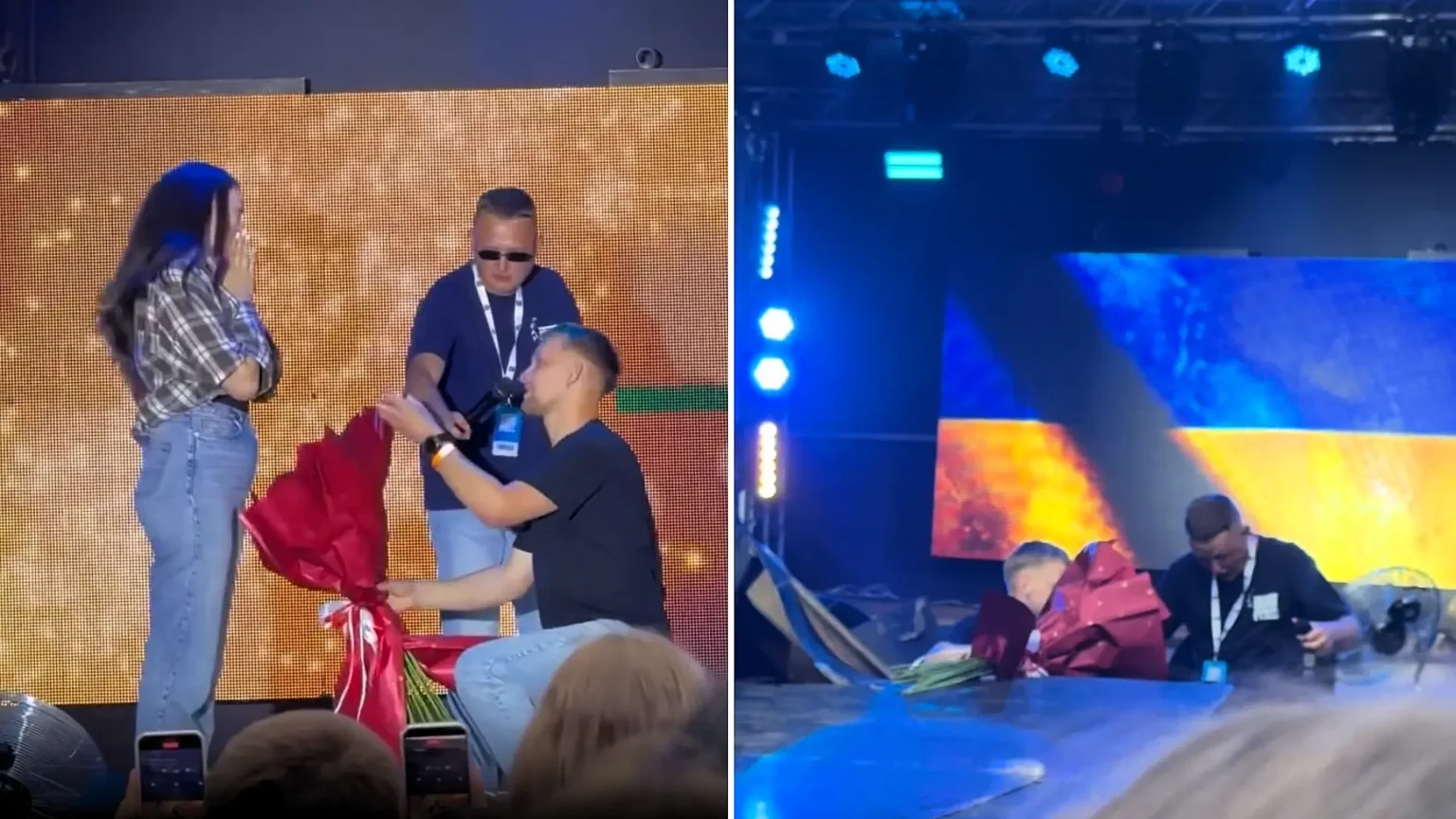 A man plunged through a stage in front of thousands while proposing at a Ukrainian concert - but climbed out grinning, dropped to one knee, and still got a yes.