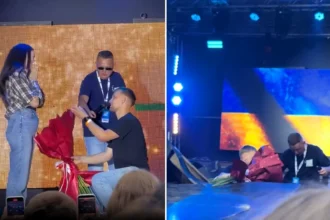 A man plunged through a stage in front of thousands while proposing at a Ukrainian concert - but climbed out grinning, dropped to one knee, and still got a yes.