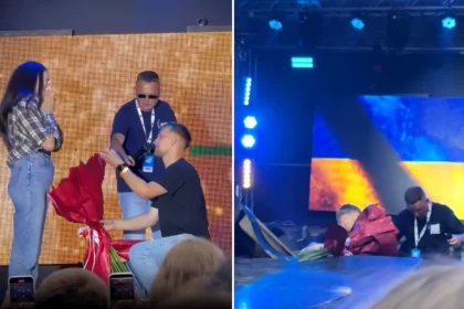 A man plunged through a stage in front of thousands while proposing at a Ukrainian concert - but climbed out grinning, dropped to one knee, and still got a yes.