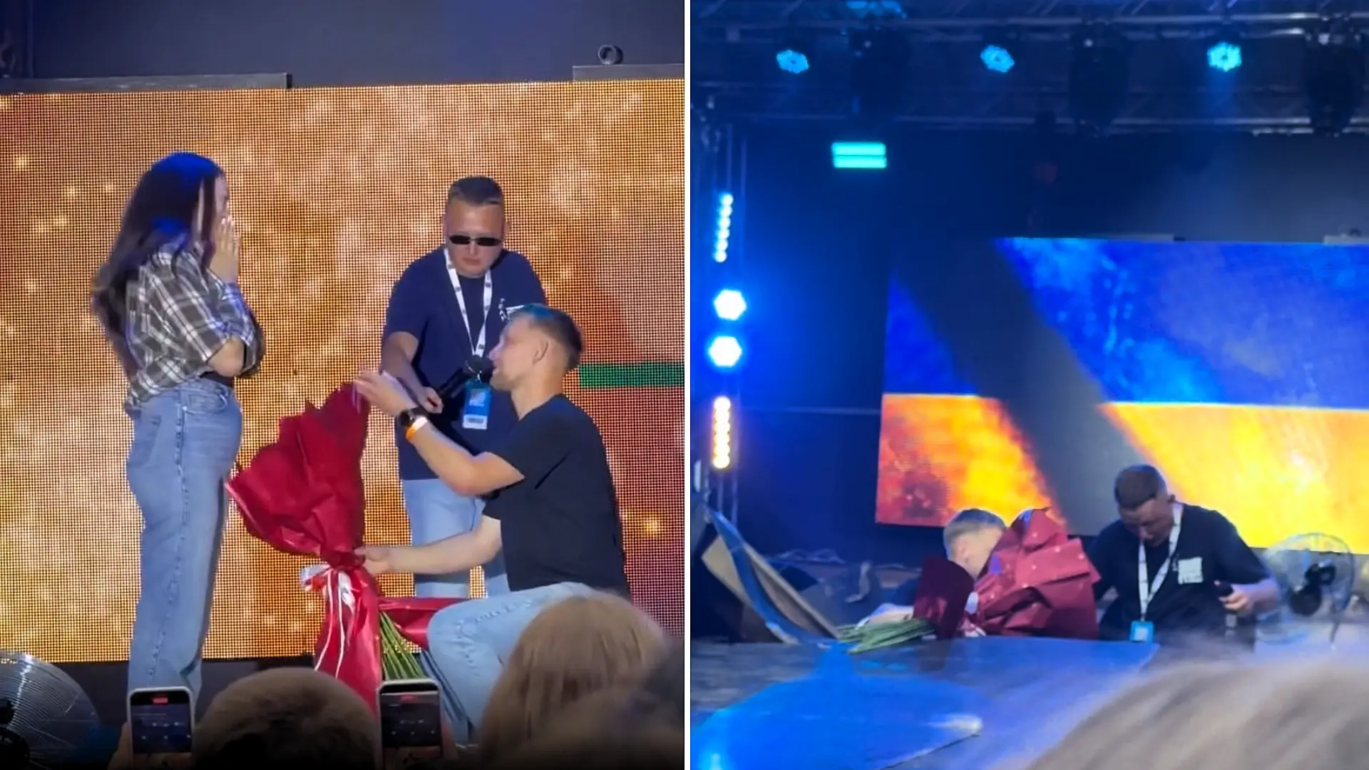 A man plunged through a stage in front of thousands while proposing at a Ukrainian concert - but climbed out grinning, dropped to one knee, and still got a yes.