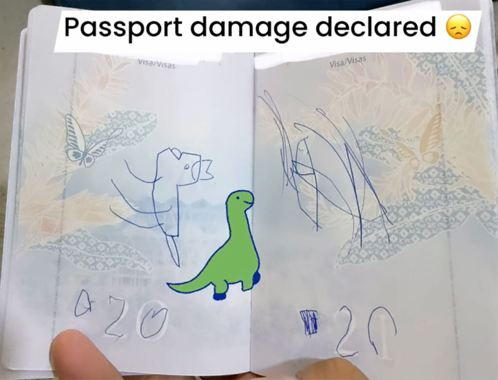 A mum was forced to cancel her overseas work trip after her young son doodled a dinosaur in her passport hours before her flight - the damage cost her £114 to fix.