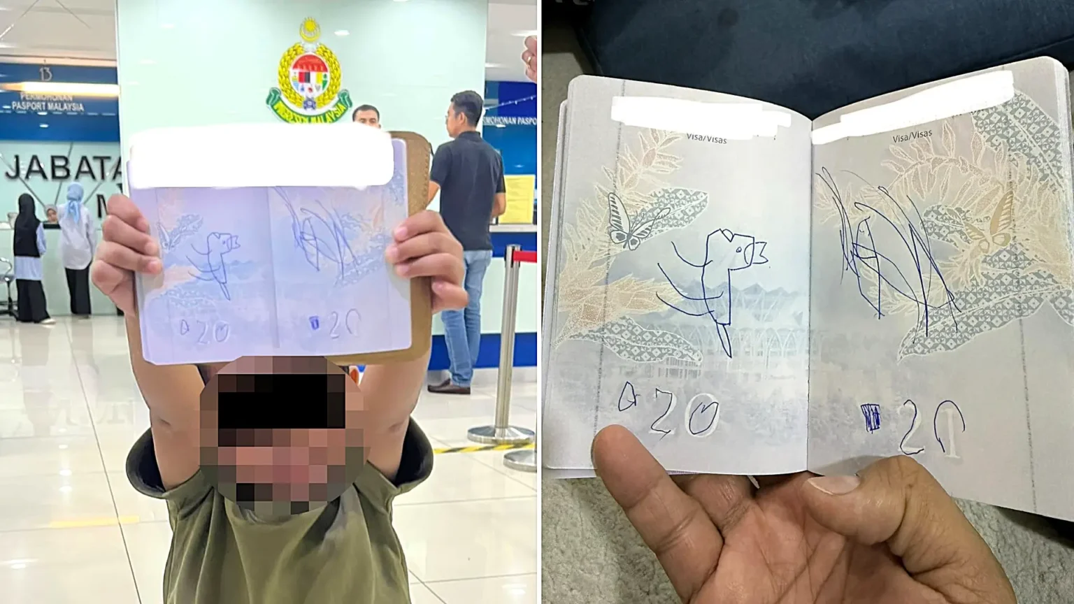 A mum was forced to cancel her overseas work trip after her young son doodled a dinosaur in her passport hours before her flight - the damage cost her £114 to fix.