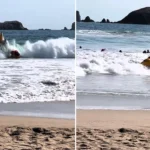 Eight holidaymakers were flung into the sea like rag dolls when a freak wave flipped their banana boat 180 degrees at a Mexican beach, before a second and third wave struck.