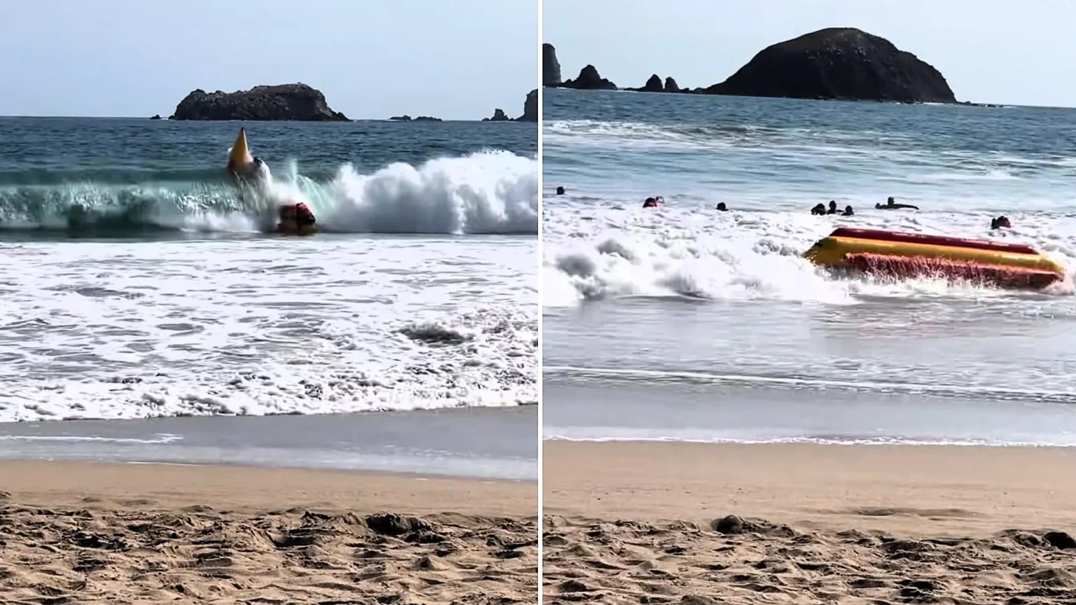 Eight holidaymakers were flung into the sea like rag dolls when a freak wave flipped their banana boat 180 degrees at a Mexican beach, before a second and third wave struck.