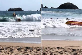 Eight holidaymakers were flung into the sea like rag dolls when a freak wave flipped their banana boat 180 degrees at a Mexican beach, before a second and third wave struck.