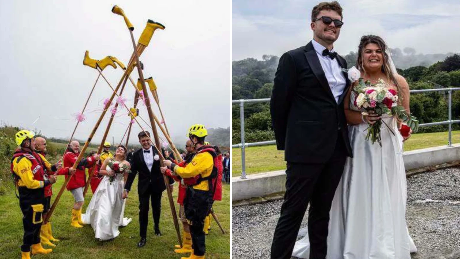 RNLI lifeboat crew surprised newlywed colleagues with a guard of honour made from gig boat oars and the charity's iconic yellow wellies after their Cornwall clifftop wedding.