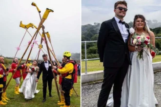 RNLI lifeboat crew surprised newlywed colleagues with a guard of honour made from gig boat oars and the charity's iconic yellow wellies after their Cornwall clifftop wedding.