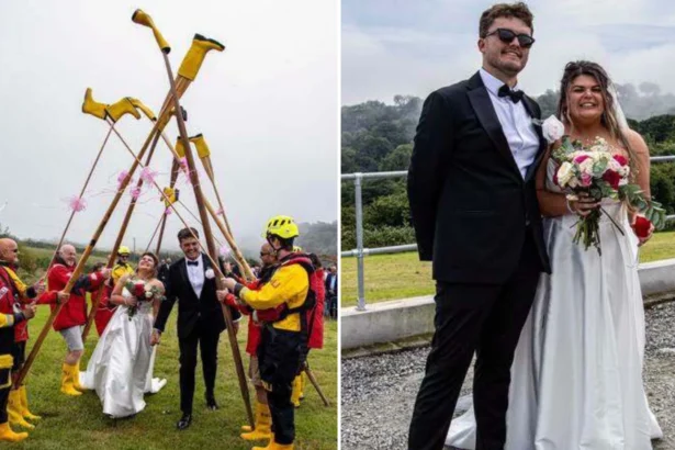 RNLI lifeboat crew surprised newlywed colleagues with a guard of honour made from gig boat oars and the charity's iconic yellow wellies after their Cornwall clifftop wedding.