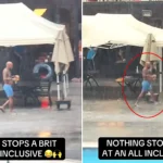 A British holidaymaker has been hailed for embodying the nation's spirit after braving a torrential thunderstorm to fetch two pints from an all-inclusive bar.