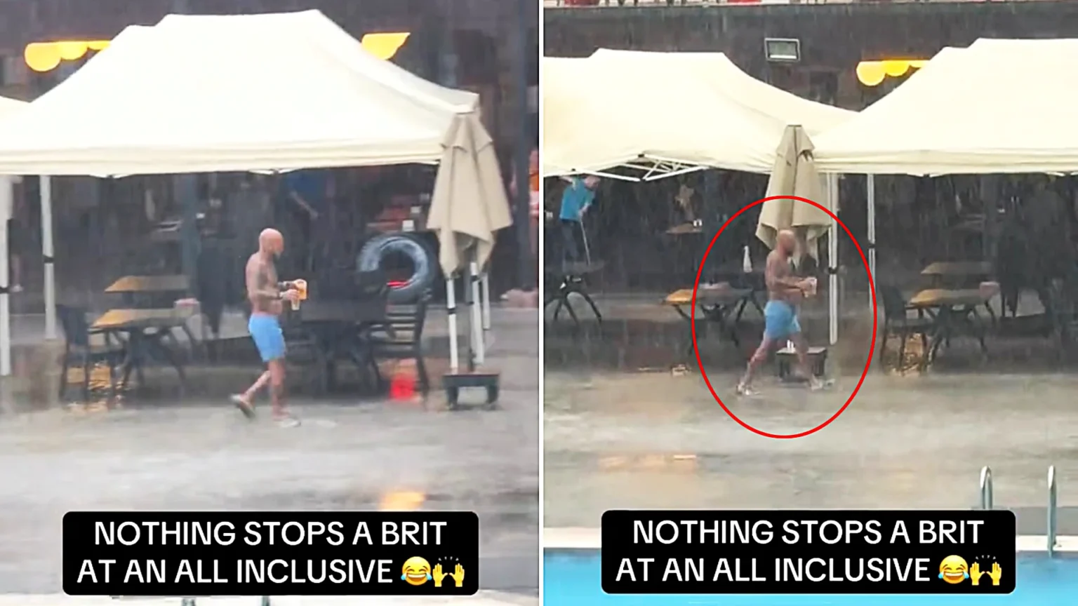 A British holidaymaker has been hailed for embodying the nation's spirit after braving a torrential thunderstorm to fetch two pints from an all-inclusive bar.