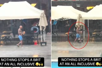 A British holidaymaker has been hailed for embodying the nation's spirit after braving a torrential thunderstorm to fetch two pints from an all-inclusive bar.