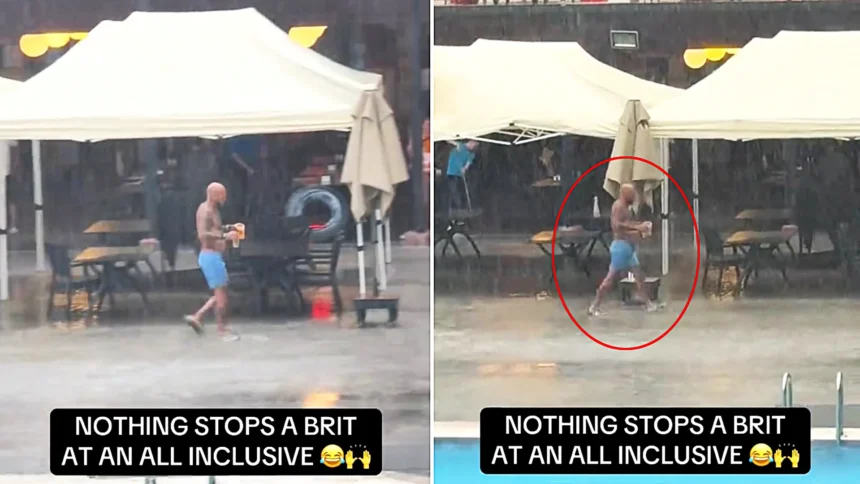 A British holidaymaker has been hailed for embodying the nation's spirit after braving a torrential thunderstorm to fetch two pints from an all-inclusive bar.
