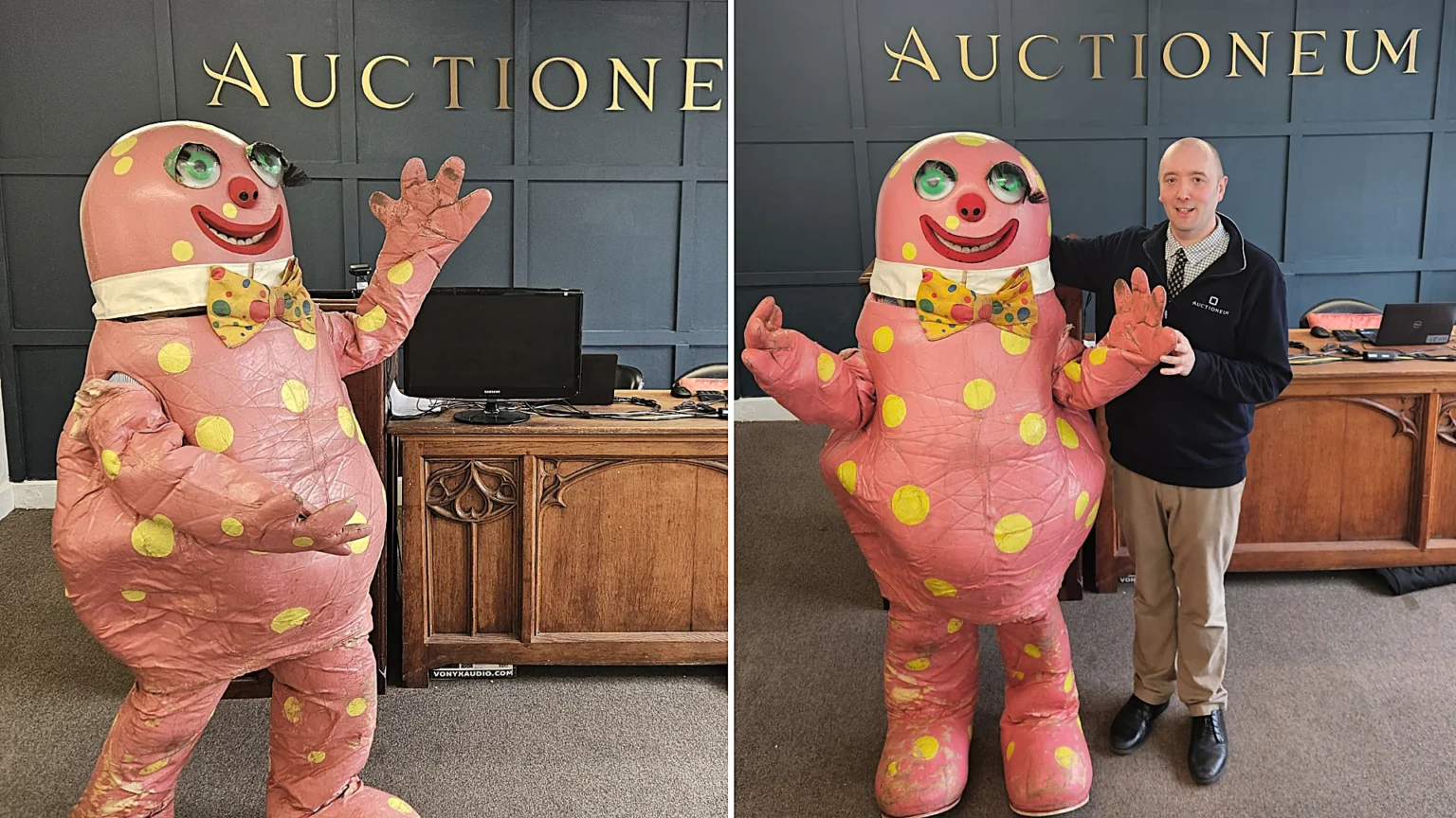 One of just three original Mr Blobby costumes - used for stunts and a helicopter dangle - could fetch up to £5,000 at a Bristol auction this month.