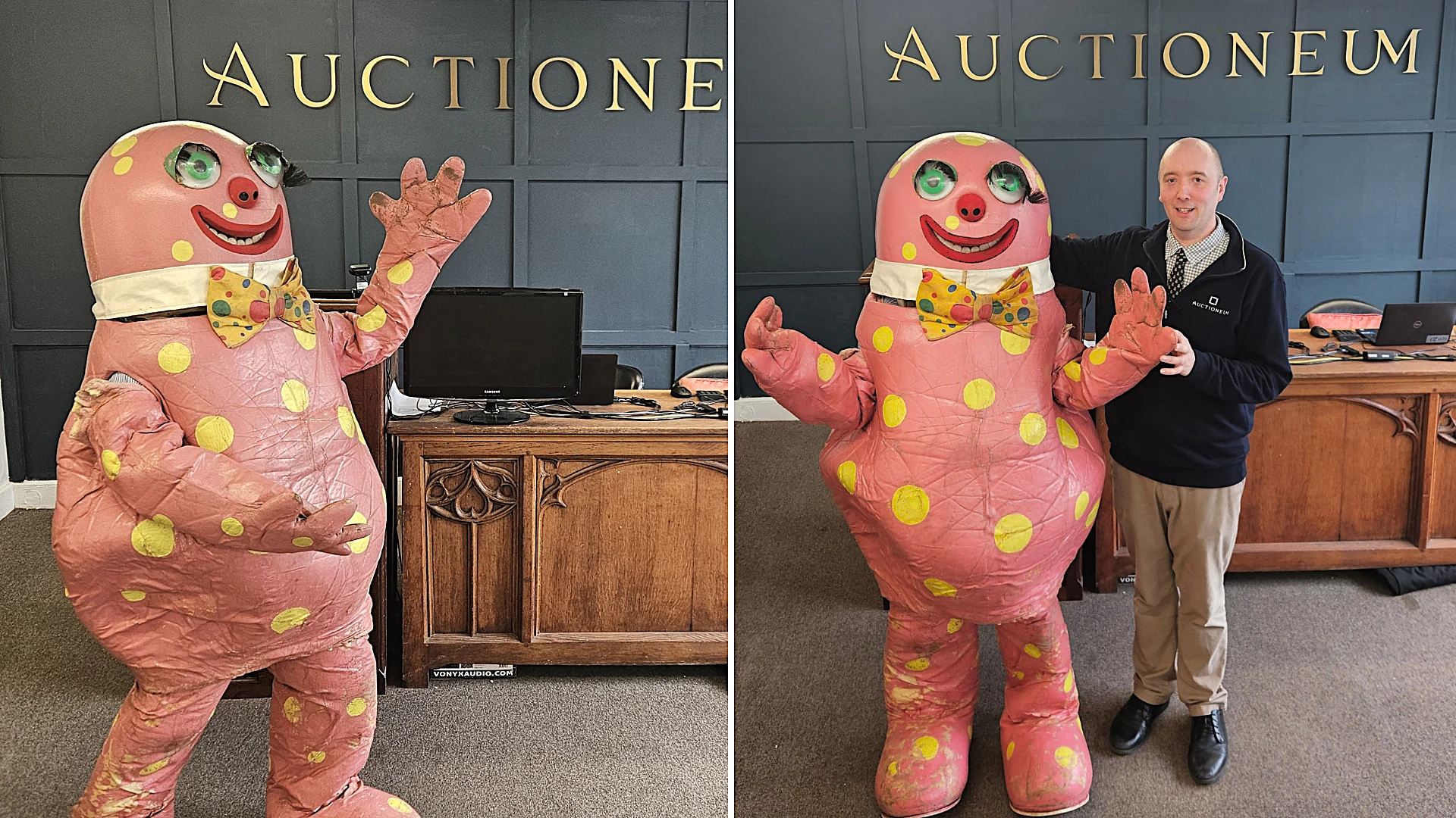 One of just three original Mr Blobby costumes - used for stunts and a helicopter dangle - could fetch up to £5,000 at a Bristol auction this month.