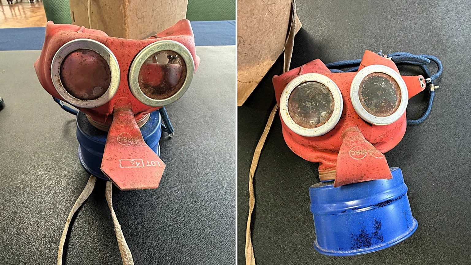 Rare World War II "Mickey Mouse" gas mask designed to look less scary for children discovered after spending 80 years hidden in wardrobe of original owner.