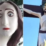 Religious statues of Jesus were covered up after an amateur restoration left them with arched eyebrows, thick eyelashes and bright red lips - drawing comparisons to the infamous Monkey Christ.
