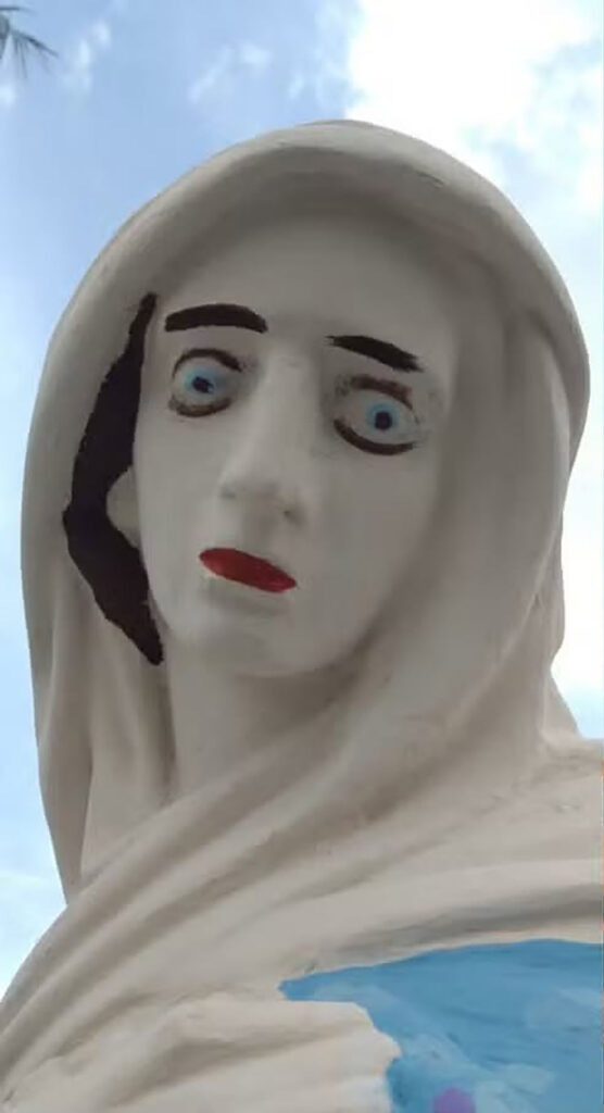 Religious statues of Jesus were covered up after an amateur restoration left them with arched eyebrows, thick eyelashes and bright red lips - drawing comparisons to the infamous Monkey Christ.