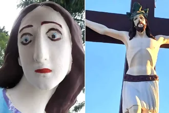 Religious statues of Jesus were covered up after an amateur restoration left them with arched eyebrows, thick eyelashes and bright red lips - drawing comparisons to the infamous Monkey Christ.