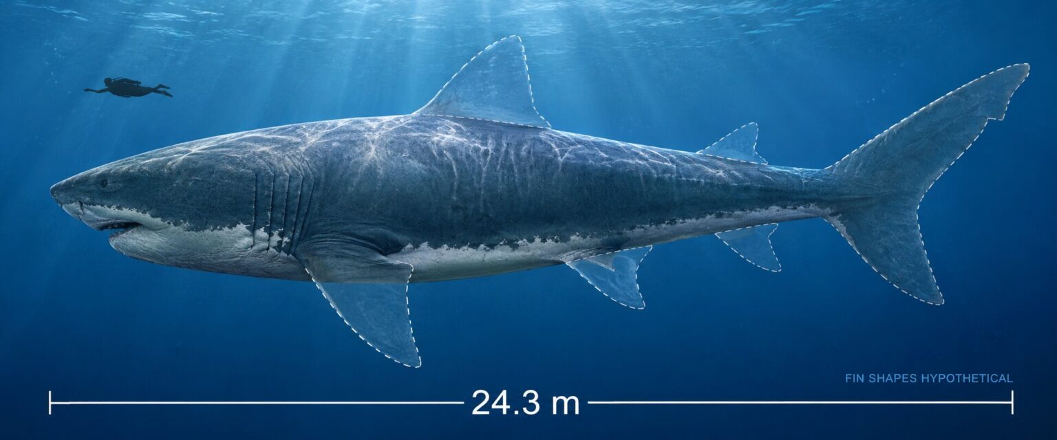 Lost-and-found Megalodon fossil reveals the giant shark reached 24.3m, lived up to 96 years, and ate a basking shark as its final meal, scientists say.