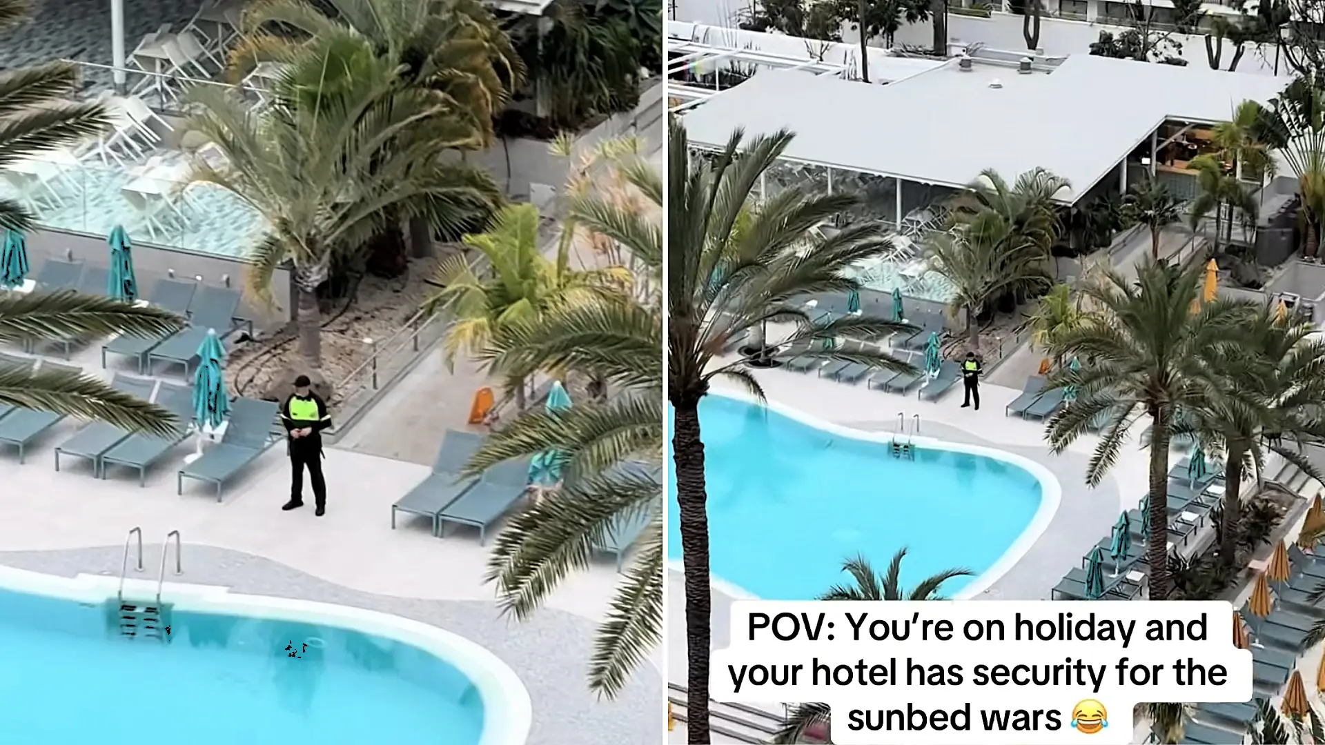 A Tenerife hotel deployed security guards to protect its sunbeds from early risers - but the sunbed wars still kicked off when all loungers were gone within five minutes.