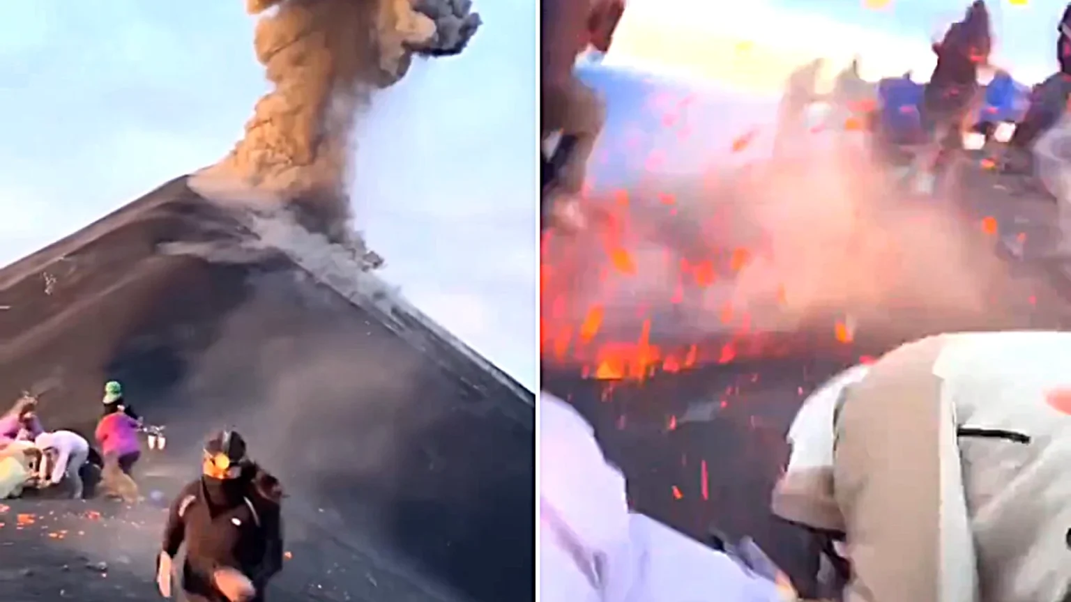 Tourists hiking a Guatemalan volcano were pelted with red-hot lava rocks when it suddenly erupted - one hiker found a molten chunk had burnt straight through her coat.