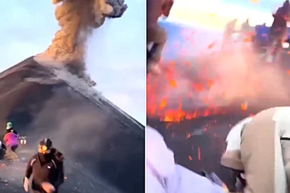 Tourists hiking a Guatemalan volcano were pelted with red-hot lava rocks when it suddenly erupted - one hiker found a molten chunk had burnt straight through her coat.