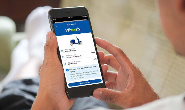 Tesco is scrapping delivery charges on its rapid Whoosh service for one week - customers spending £25 or more can get groceries delivered in as little as 20 minutes for free.