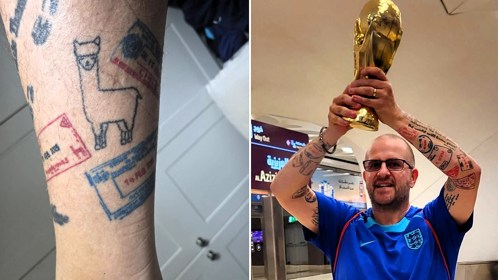An England superfan tattooed with passport stamps has spent £90,000 following the side - and says the Yanks are more fussed about hockey and basketball than football.