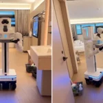 A hotel guest was stunned when a large cleaning robot with a mechanical arm entered their room unannounced and began scrubbing surfaces at the All Seasons Hotel in China.