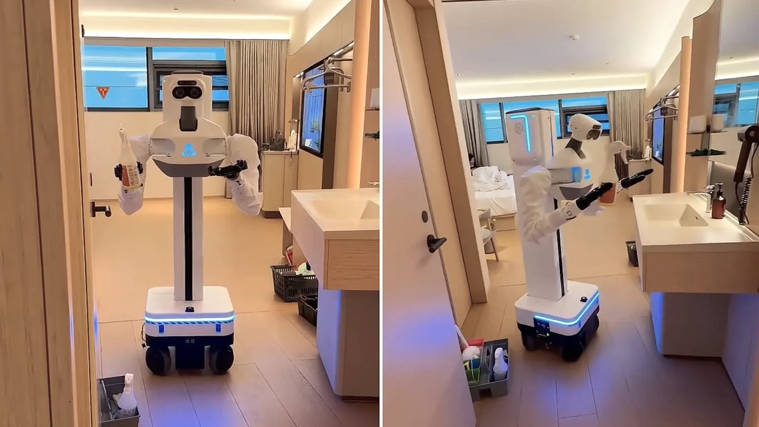 A hotel guest was stunned when a large cleaning robot with a mechanical arm entered their room unannounced and began scrubbing surfaces at the All Seasons Hotel in China.