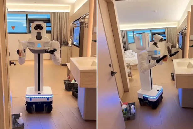A hotel guest was stunned when a large cleaning robot with a mechanical arm entered their room unannounced and began scrubbing surfaces at the All Seasons Hotel in China.