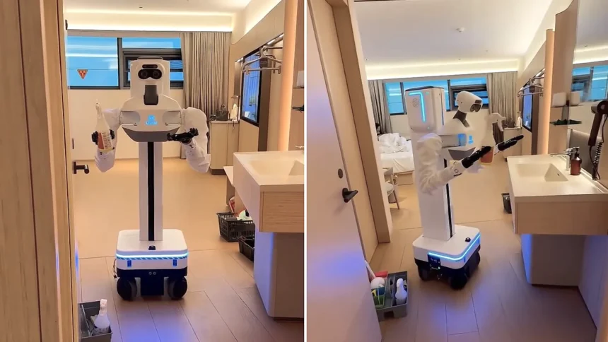 A hotel guest was stunned when a large cleaning robot with a mechanical arm entered their room unannounced and began scrubbing surfaces at the All Seasons Hotel in China.