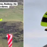 Flying version of Del Boy's iconic yellow Trotter van from Only Fools and Horses spotted soaring above the Lake District beauty spot Buttermere in incredible paramotor stunt.