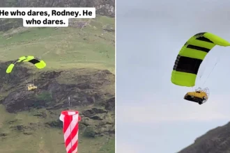 Flying version of Del Boy's iconic yellow Trotter van from Only Fools and Horses spotted soaring above the Lake District beauty spot Buttermere in incredible paramotor stunt.