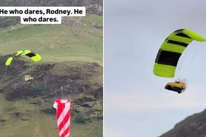Flying version of Del Boy's iconic yellow Trotter van from Only Fools and Horses spotted soaring above the Lake District beauty spot Buttermere in incredible paramotor stunt.