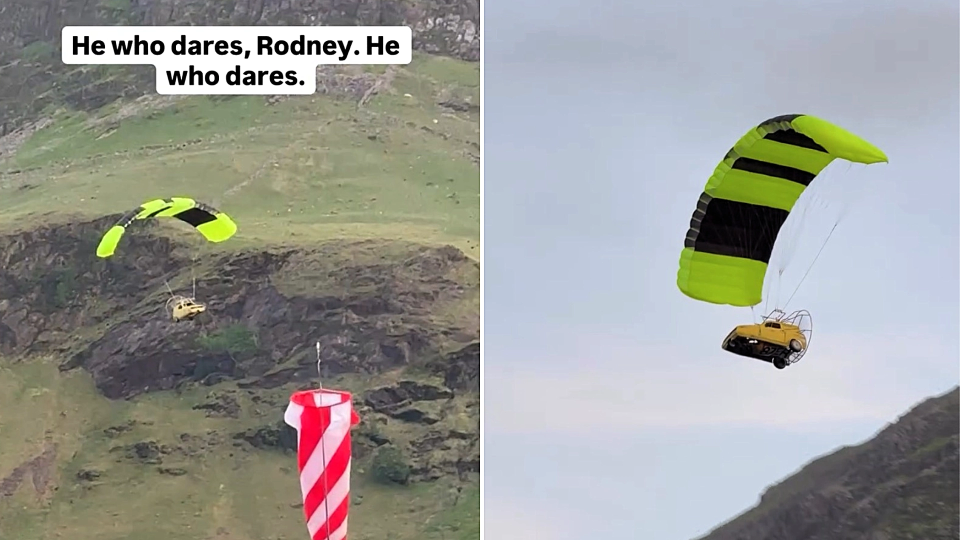 Flying version of Del Boy's iconic yellow Trotter van from Only Fools and Horses spotted soaring above the Lake District beauty spot Buttermere in incredible paramotor stunt.