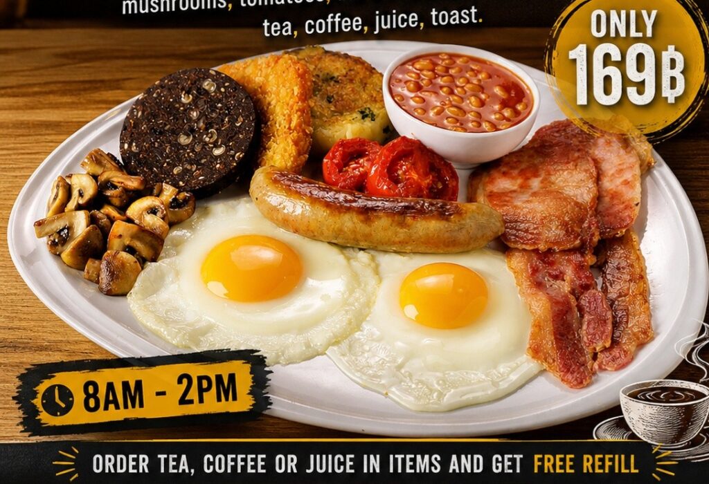 Brits are flocking to a Wetherspoons dupe 6,000 miles from home in Pattaya, Thailand, where a massive seven-item full English breakfast with free drinks costs just £3.85.