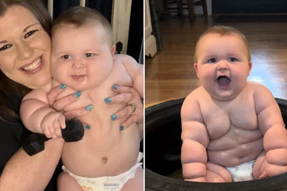 A mum says her eight-month-old baby is already wearing clothes for five-year-olds and has cost $5,000 in outgrown equipment - adding that she carries him "with hope and prayer".