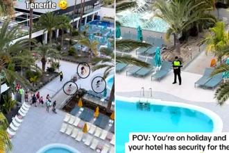 Dozens of holidaymakers sprinted for sunbeds the moment pool gates opened at 8am in Tenerife after queuing for half an hour - with every single lounger gone by 9:30am.