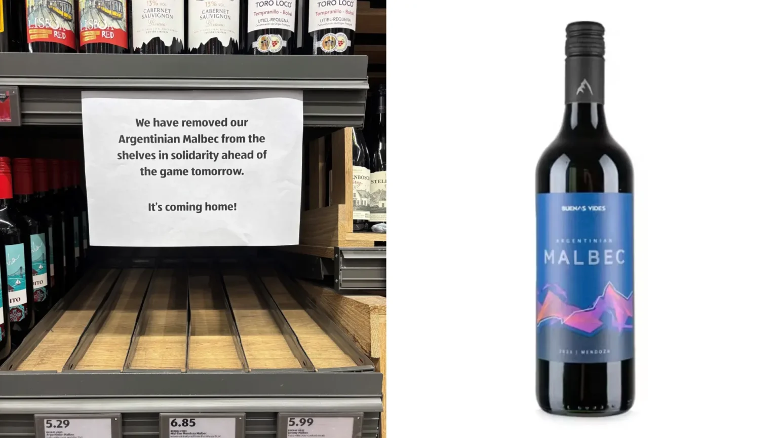Aldi has pulled Argentinian Malbec from a UK store in a cheeky show of solidarity ahead of England's crunch World Cup semi-final against Argentina.