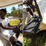 Arsenal target Vinicius Junior was filmed crashing a golf cart into a flowerbed on a luxury break in Jamaica - his girlfriend Virginia Fonseca laughed as she filmed it.