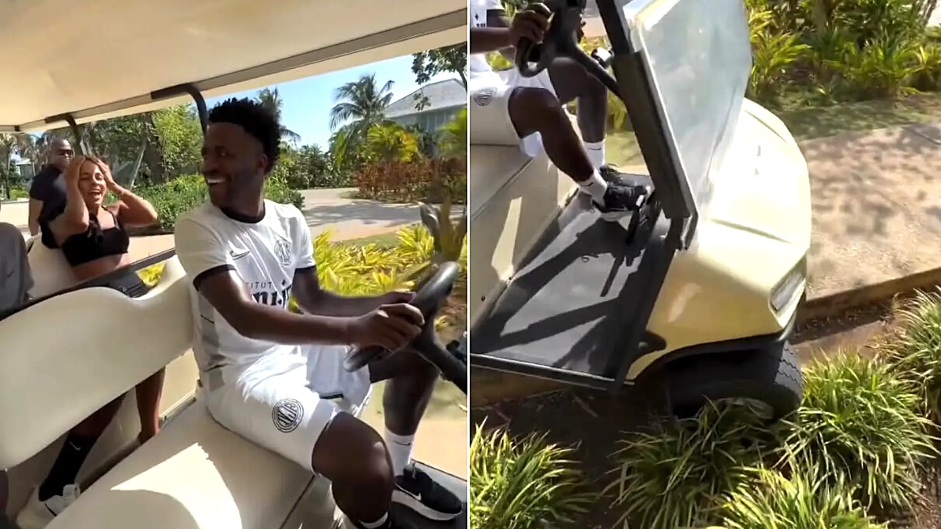 Arsenal target Vinicius Junior was filmed crashing a golf cart into a flowerbed on a luxury break in Jamaica - his girlfriend Virginia Fonseca laughed as she filmed it.