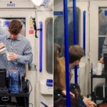 A British student baffled commuters after setting up a makeshift café inside a London Tube carriage - brewing free flat whites from a generator to practise his skills.