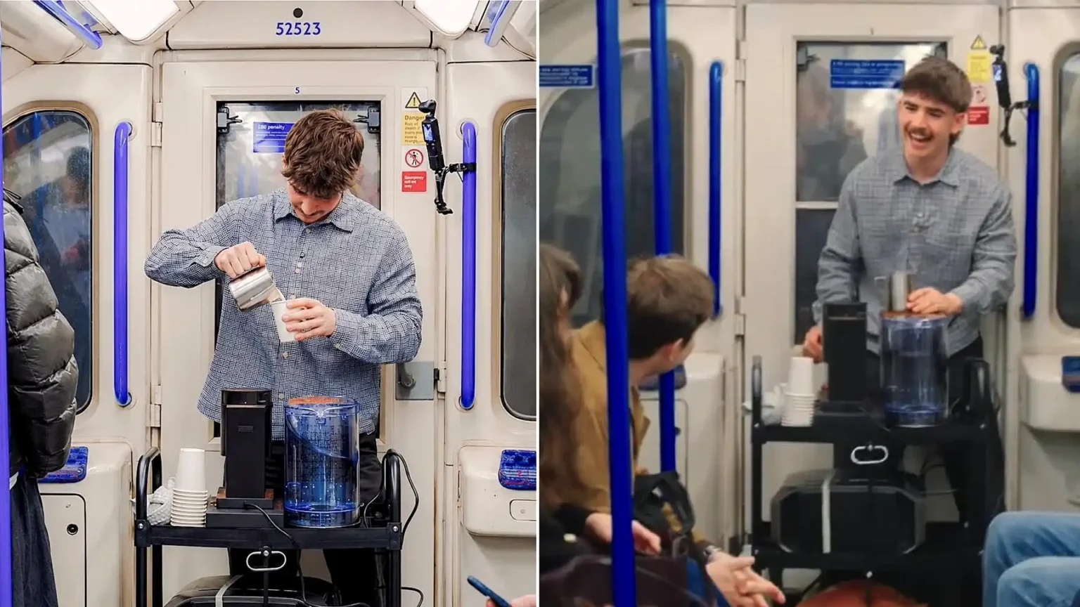 A British student baffled commuters after setting up a makeshift café inside a London Tube carriage - brewing free flat whites from a generator to practise his skills.