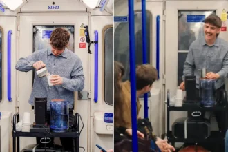 A British student baffled commuters after setting up a makeshift café inside a London Tube carriage - brewing free flat whites from a generator to practise his skills.