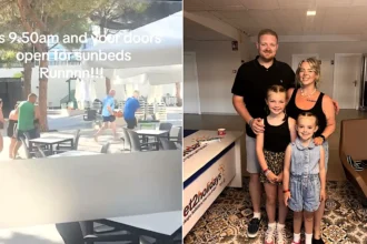 Brits were filmed shoving past kids and hurling sunbeds in a chaotic pool stampede in Salou - queuing two hours before it even opened to bag the best spot.