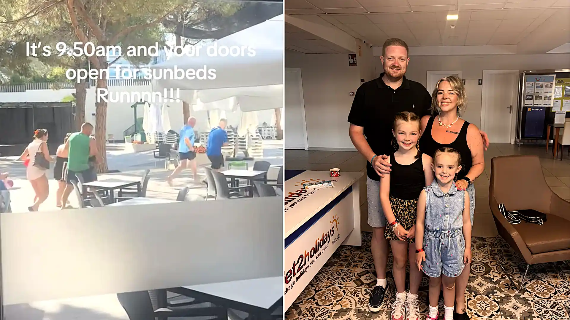 Brits were filmed shoving past kids and hurling sunbeds in a chaotic pool stampede in Salou - queuing two hours before it even opened to bag the best spot.