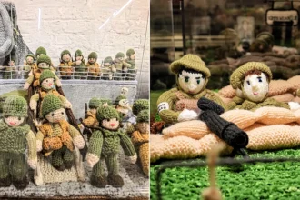 An extraordinary 80-metre exhibition depicting the D-Day landings, Spitfires and the Blitz has been created entirely from knitting and crochet by 200 volunteers.