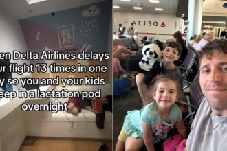 A US military dad has been divided opinion after sheltering his two young kids in an airport breastfeeding pod overnight, when Delta refused a hotel voucher after delays.