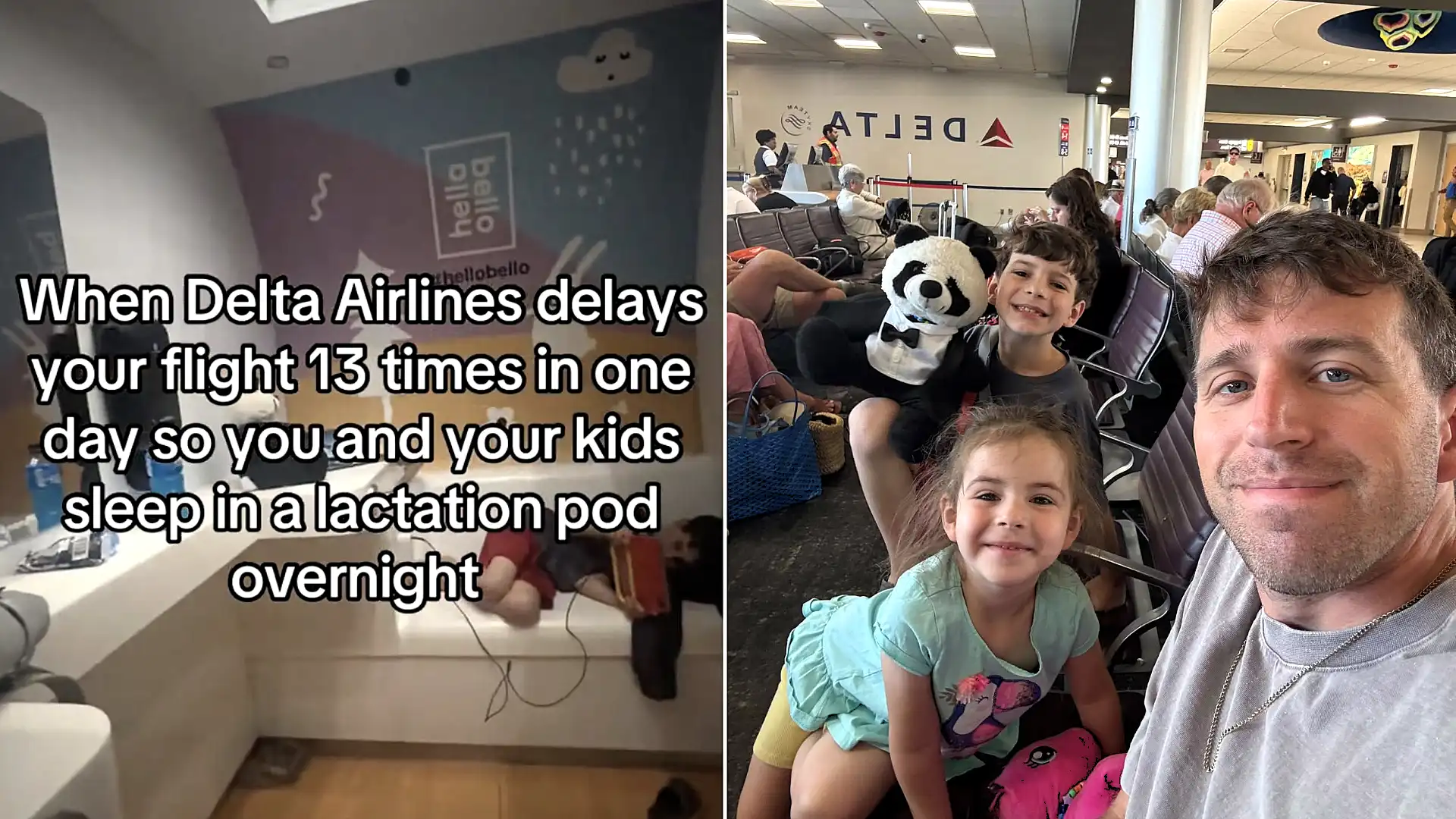 A US military dad has been divided opinion after sheltering his two young kids in an airport breastfeeding pod overnight, when Delta refused a hotel voucher after delays.